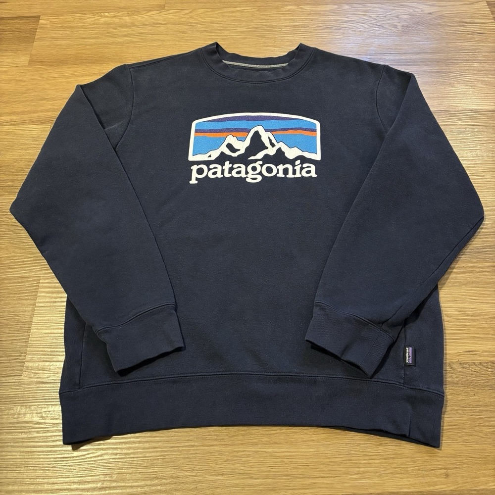 Patagonia Sweatshirt Men's Medium Fitz Roy Horizons Uprisal Crew Neck Navy Blue